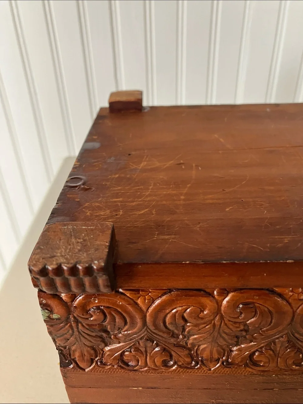 Vintage 50’s Carved Wood Jewelry/Trinket Box With Motif